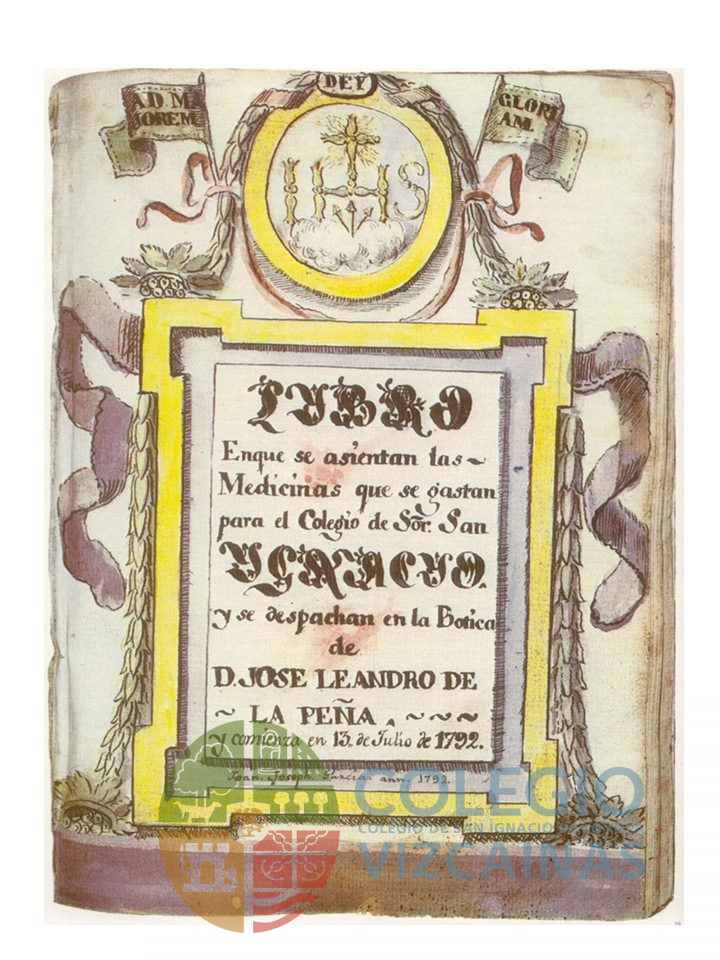 Libro en que se asientan las medicinas que se gastan para el Colegio de San Ignacio y se despachan en la Botica de Don José Leandro de la Peña. Año 1792.
